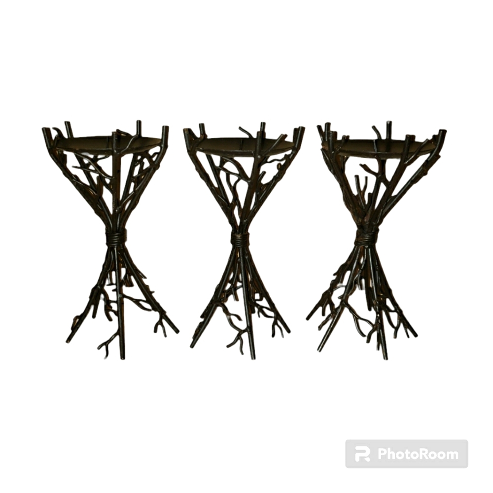 Vintage Black Metal Twig and Branch Pillar Candle Holder Set
